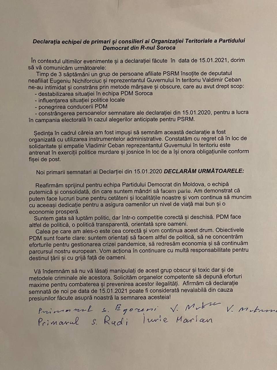 DOC // S-au răzgândit și nu mai pleacă. Doi primari din cei plecați de la Soroca au revenit la PD